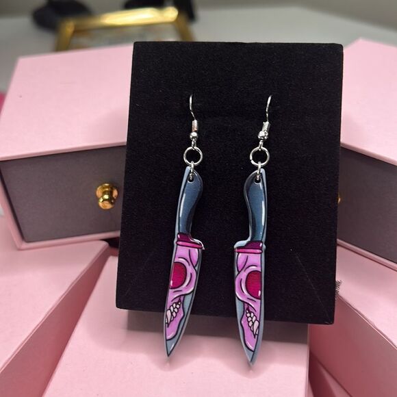 Pink Skull Print Butcher Dangling Earrings - Picture 8 of 10